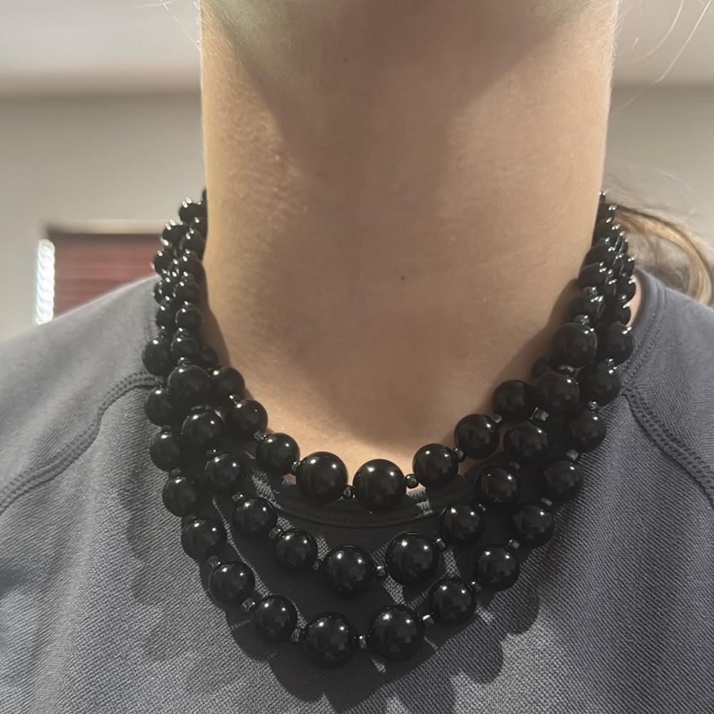 Black Layered Statement Necklace with Glossy Beads